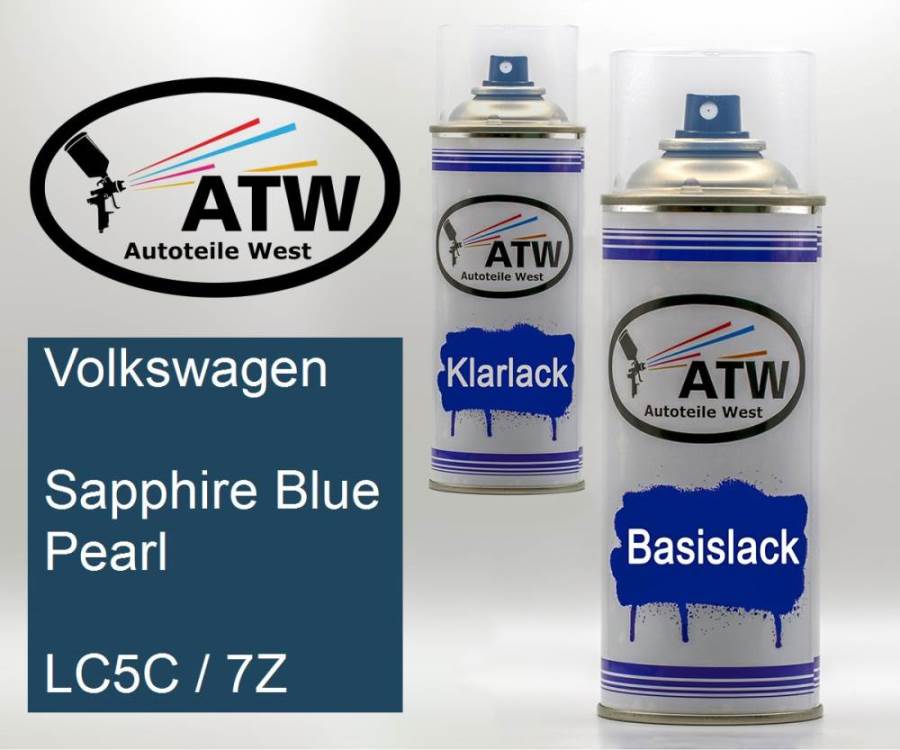 Volkswagen, Sapphire Blue Pearl, LC5C / 7Z: 400ml Sprühdose + 400ml Klarlack - Set, von ATW Autoteile West.